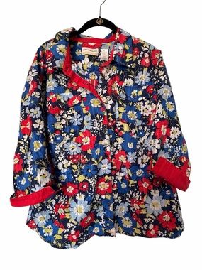 Women Floral Button-Up Shirt with Red Trim